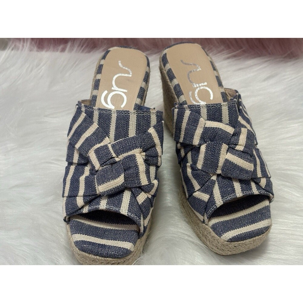 Sugar Striped Bow Wedge size 7 Slip-On Sandals Blue Beige Fabric Women